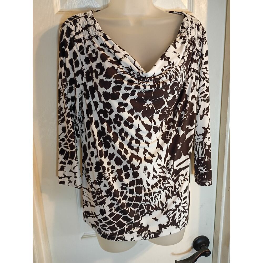 Chicos Top Brown Floral Draped Neck Sz 1 M Business Casual Stretch - Picture 2 of 6